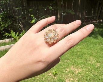 Natural Opal Statement Ring, 8x10 Oval Gemstone, Gold Tone Halo Band