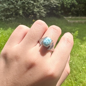 Natural Larimar Ring｜Silver‑Plated｜Distinct Turtle‑Back Pattern｜Ocean Blue Gemstone