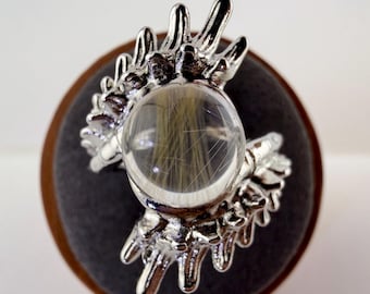 Natural Golden Rutilated Quartz Ring · Silver‑Plated · Clear Body · Adjustable