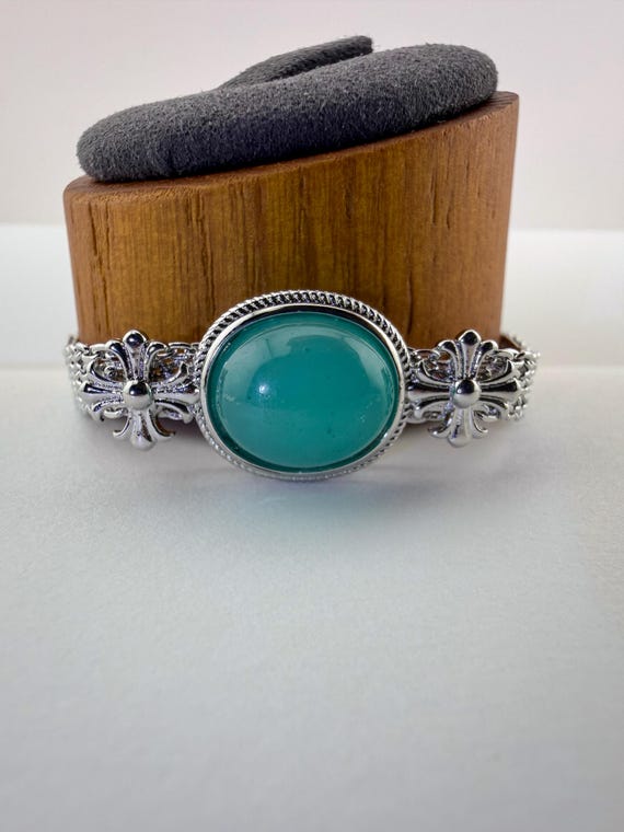 Natural Amazonite Bracelet｜Oval Cabochon｜Vintage Style｜Adjustable Silver‑Plated
