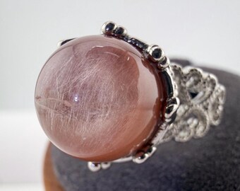 Pink Angel Hair Quartz Ring • 12mm Hand-Polished Bead, Silver-Plated Bezel