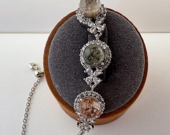 Natural Brazilian Multi‑Phantom Quartz Silver‑Plated Bracelet • Three Scenic Beads & Princess Halo Design