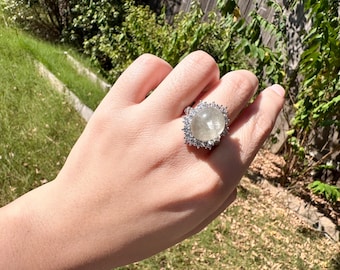 Angel Hair Quartz Ring • Crystal-in-Crystal Phantom, Silver-Plated Halo Setting