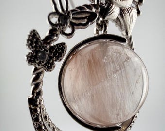 Rotating Angel Hair Quartz Necklace • 14mm Rutile Bead, Silver-Plated Pendant, Titanium Chain