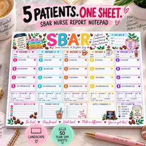 May include: A white SBAR nurse report notepad with 50 tear-off sheets, featuring a landscape layout for five patients. The colorful grid includes sections for situation, background, assessment, and recommendation, plus coffee-themed graphics.