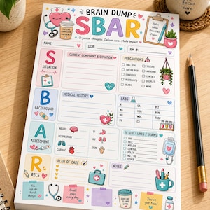 Pode incluir: Um bloco de notas médico SBAR retangular com seções para situação, histórico, avaliação e recomendações. A página inclui ilustrações coloridas de corações, ícones médicos e caixas de seleção para dados do paciente, exames laboratoriais e planos de cuidados.