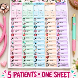 May include: A Nurse Handoff Report notepad with 50 tear-off sheets measuring 8.5 by 11 inches. The sheet features five color-coded columns for patient data, including fields for name, age, history, diet, mobility, and medical status icons.