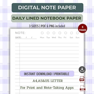 Puede incluir: Papel de notas digital con diseño de papel de cuaderno rayado diario. La imagen incluye el texto "3 tamaños | PDF y PNG incluidos" y "Descarga instantánea | Imprimible". El papel está diseñado para impresión y aplicaciones de toma de notas.