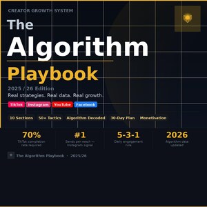 May include: A dark digital guide titled The Algorithm Playbook 2025/26 Edition, featuring white and yellow text on a grid background. It lists strategies for TikTok, Instagram, YouTube, and Facebook, including 10 sections, 50+ tactics, and a 30-day plan.