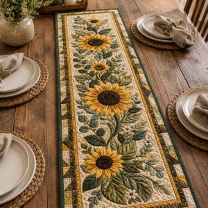 May include: A rectangular quilted table runner featuring a central vertical pattern of yellow sunflowers with dark brown centers, surrounded by green leaves and small white flowers on a cream background, framed by a geometric border.
