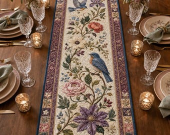 Gewatteerde tafelloper met blauwe vogels, bloemenmotief voor de lente.