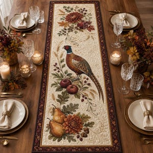 May include: A rectangular quilted table runner featuring a central print of a pheasant surrounded by autumn foliage, red apples, pears, and chrysanthemums on a cream background, framed by a dark brown border with a repeating floral pattern.