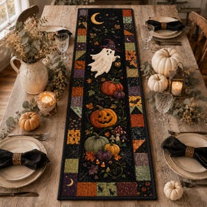 Quiltad Halloween-bordlöpare, spökpumpa-lapptäcke för matplats