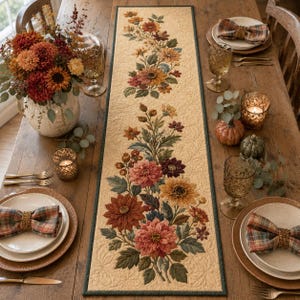 May include: A rectangular quilted table runner featuring a cream-colored background with a repeating floral pattern of dahlias and sunflowers in shades of orange, red, and yellow, finished with a dark green border and intricate stitching.