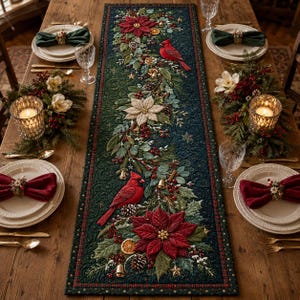 May include: A dark green quilted table runner featuring a festive holiday design with red cardinals, red and white poinsettia flowers, holly leaves, pinecones, berries, dried orange slices, and small gold bells arranged in a central garland pattern.