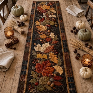 May include: A long, rectangular quilted table runner featuring a central design of autumn leaves, acorns, and berries in shades of red, orange, yellow, and brown on a dark background, bordered by a plaid pattern in matching seasonal colors.