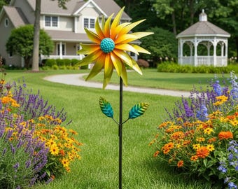 Girandola a vento in metallo a forma di fiore, con paletto da giardino rotante, decorazione artistica per esterni.