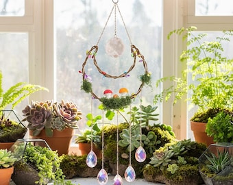 Forest Mushroom Suncatcher Dreamcatcher, Natural Crystal Moon Hanging Ornament, Rainbow Prism Window Decor for Boho Home