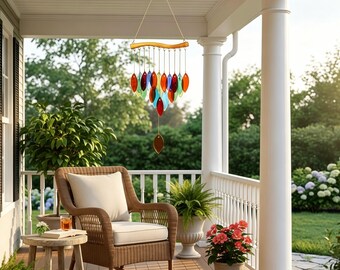 Stained Glass Wind Chime, Wooden Bar Hanging Ornament, Colorful Fish Leaf Shell Glass Wind Chime for Home Patio Garden Decor