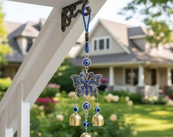 Campanello a vento con occhio di Allah, ornamento turco con occhio blu da appendere, campana decorativa in metallo stile boho per casa, giardino e auto, amuleto di protezione da regalare