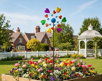 Rainbow Heart Metal Wind Spinner Stake, Colorful Kinetic Yard Art, Weatherproof Outdoor Garden Decor for Lawn & Patio(36.5*18inch)