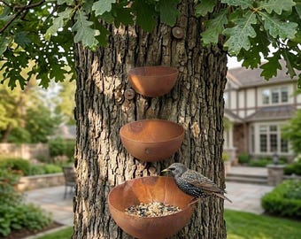 Tiered Rustic Metal Bird Feeder Bowls, Outdoor Hanging Bird Bath & Waterer, Weatherproof Garden Decor for Wild Birds