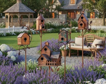 Metalen tuinpaal vogelhuisje, rustieke ijzeren vogelhuiskunst, weerbestendig tuindecor voor tuinterrasdecoratie