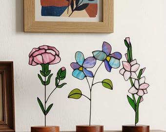 Decorazione da scrivania in vetro colorato con fiore del mese di nascita, decorazione floreale da tavolo fatta a mano, regalo unico per compleanno e festa della mamma.