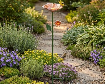 Vaschetta per uccelli in metallo a forma di fiore con mangiatoia integrata, decorazione da giardino per esterni, abbeveratoio per uccelli selvatici dipinto a mano per patio, cortile e giardini naturalistici