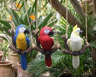Decorazione da appendere a forma di pappagallo in resina, scultura di uccello simulato, decorazione per giardino tropicale, balcone, patio, artigianato rustico in resina per la casa
