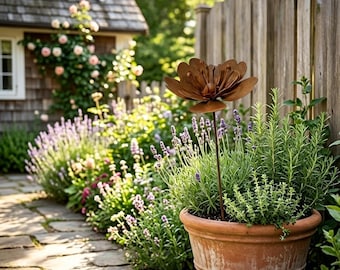 Rust Metal Flower Garden Stake, Weathered Floral Yard Art, Multi-Layer Petal Flower Stake for Patio Backyard Landscape Decor（25.9*5.1in）