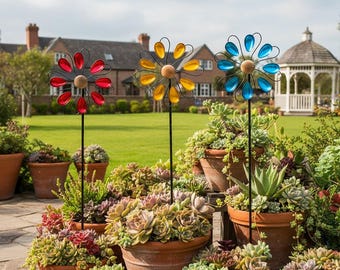Girandola a vento con fiori colorati, con paletto da giardino in metallo, decorazione cinetica da esterno resistente alle intemperie per giardino e patio.