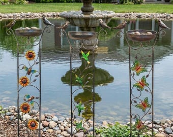Metal Garden Stake Bird Bath Feeder (Hummingbird, Butterfly, Bee Designs)  Wild Bird Garden Art & Decor Stand
