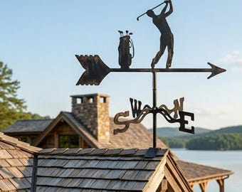 Bandierina segnavento in metallo con silhouette di golfista, indicatore di direzione del vento rustico nero, decorazione da esterno resistente alle intemperie per gli amanti del golf.
