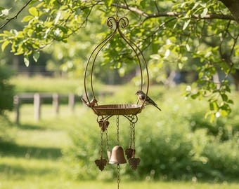 Mangiatoia rustica in metallo con campanellino a vento, decorazione da giardino sospesa, mangiatoia vintage in ferro per uccelli selvatici