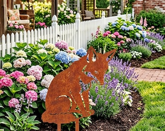 Rust Metal Animal Silhouette Garden Stake, Fox & Rabbit Rustic Yard Art, Weathered Corten Steel Lawn Decor for Cottage Landscape