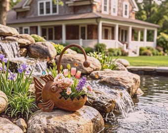 Vaso da fiori in metallo arrugginito a forma di pesce lanterna, scultura da giardino stravagante, vaso rustico per fiori da esterno, decorazione per il giardino (6,7*6,7 pollici)