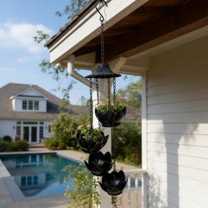 May include: A black hanging planter with three lotus-shaped pots suspended by chains. Each pot holds small pink flowers and greenery. The planter is attached to a decorative top piece and hangs from a hook, suitable for outdoor decor.