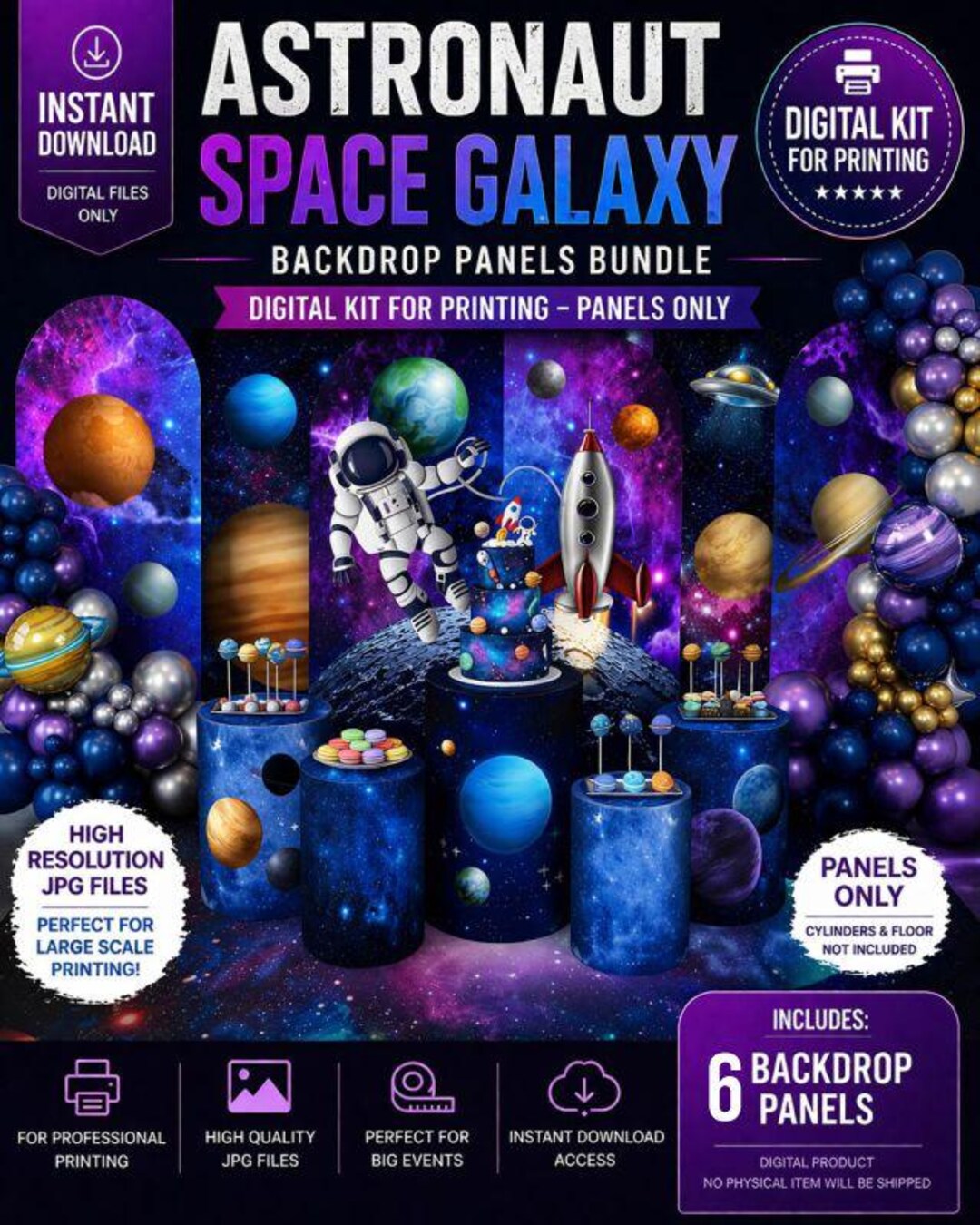 Astronaut Space Party Backdrop Panels Bundle, Galaxy Birthday ...