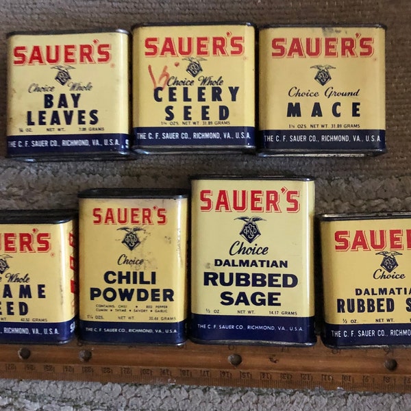 Vintage SAUERS Spice Tins, blue background