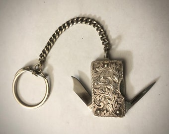 Chased Sterling Keychain w Penknife Fob