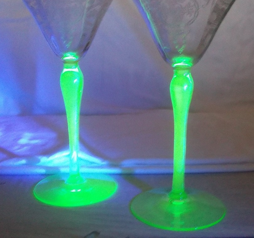 Wine Glasses Pair Elegant Stems Vaseline Glass Maryland Etsy