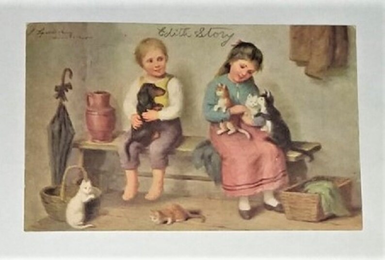 Children with Kittens and Dachshund S Sperlich ca1910 Artist Signed Postcard