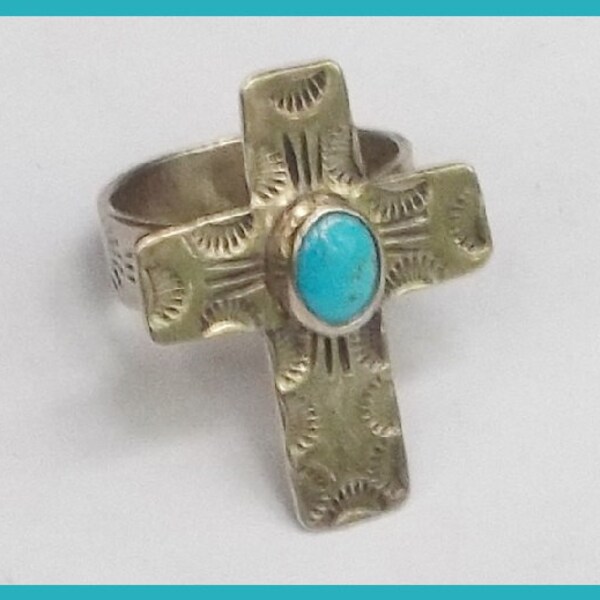 Vintage Turquoise and Silver Cross Ring, SW Native American