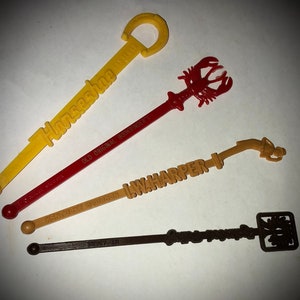 4 Desirable Swizzle Sticks, Rookwood Pottery, Horseshoe, Bookbinders, IW Harper