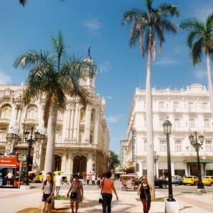May include: A sunny street scene in Havana, Cuba, featuring historic buildings, palm trees, and pedestrians. A double-decker bus and other vehicles are visible. The sky is a clear blue.