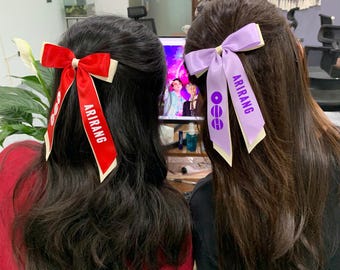 BTS ARMY Hair Bow Clip, Bangtan Arirang Red and Purple Bow, Kpop Ribbon Hair Clip, Cute BTS Hair Accessory, Fan Gift for Army Girls