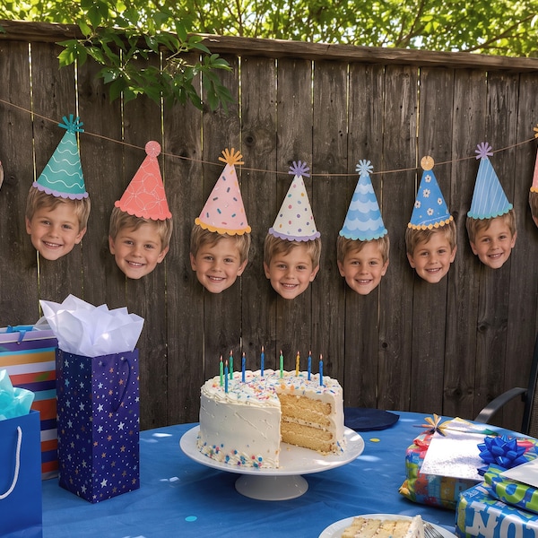 Custom Face Banner, Personalized Photo Garland with Party Hats for Birthday Party and Head Cutouts