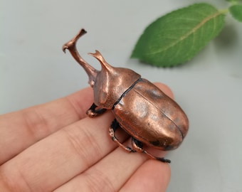 Solid Red Copper Rhinoceros Beetle Statue Realistic Metal Insect Sculpture Vintage Desk Decor