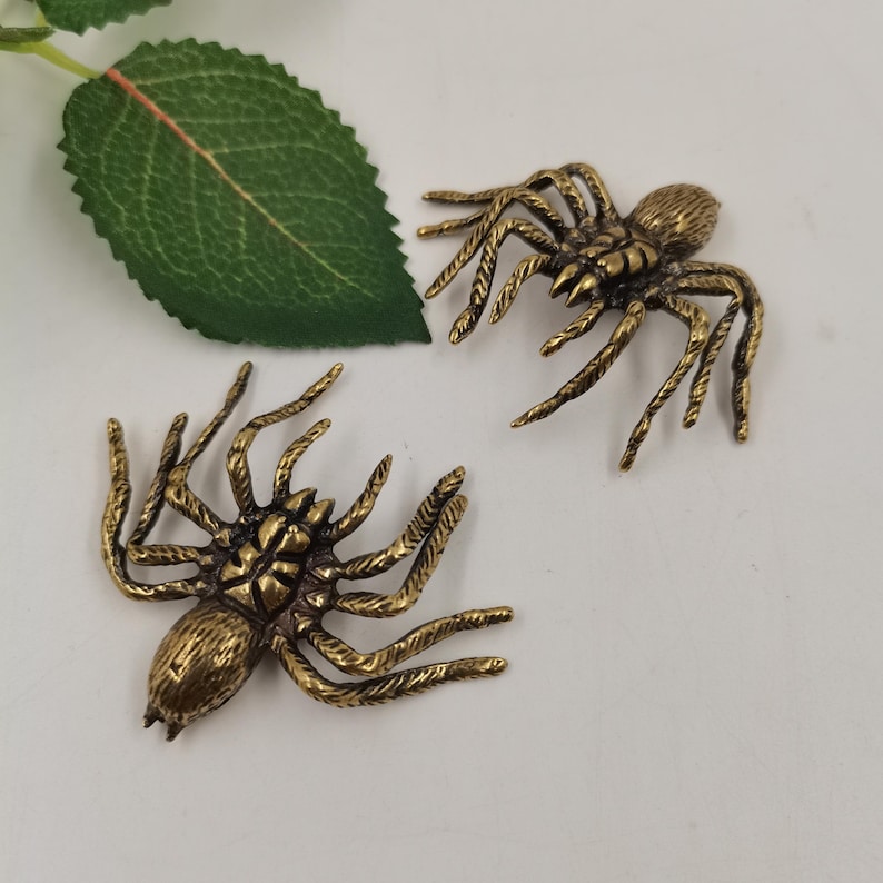 May include: Two brass-colored metal spider ornaments with detailed textured bodies and eight legs each. The spiders have a metallic finish with dark recessed areas highlighting the segmented body and leg structures. A single green leaf is visible.